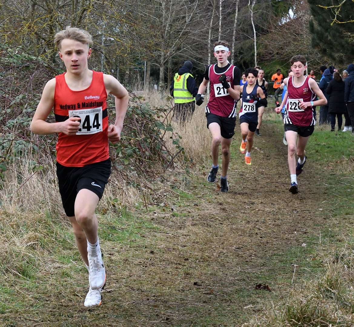 Maidstone’s Freddie Gibson sets the pace in the junior boys’ race. Picture: Simon Hildrew