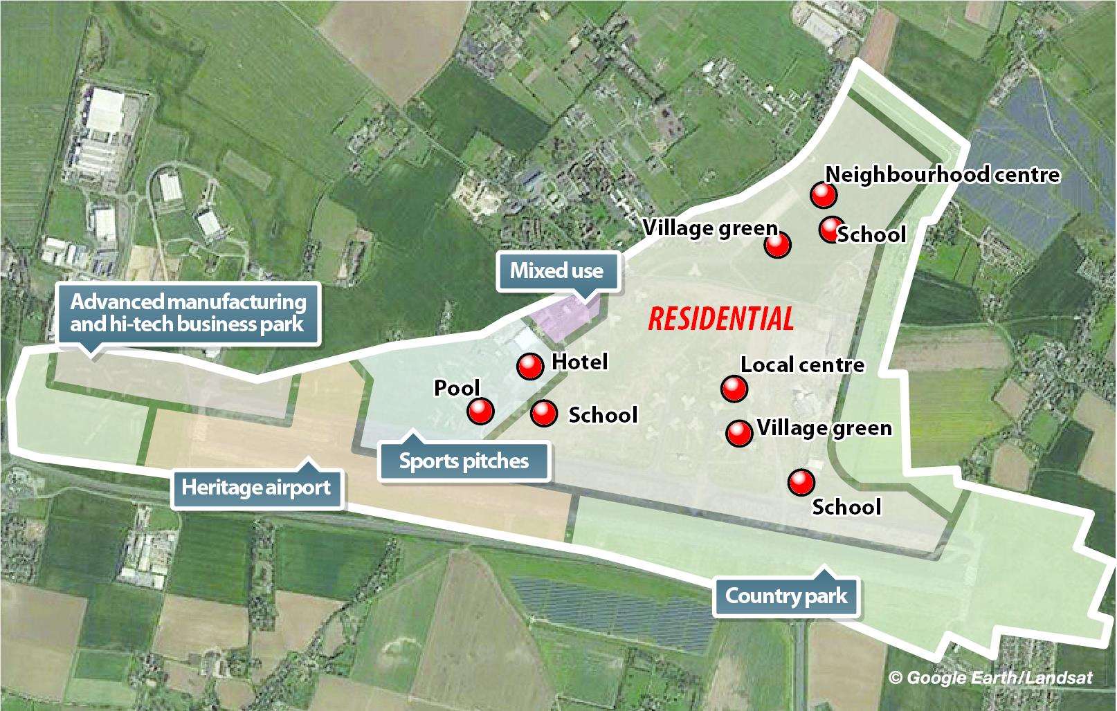 The layout of Stone Hill's mixed use residential, business and leisure development at Manston