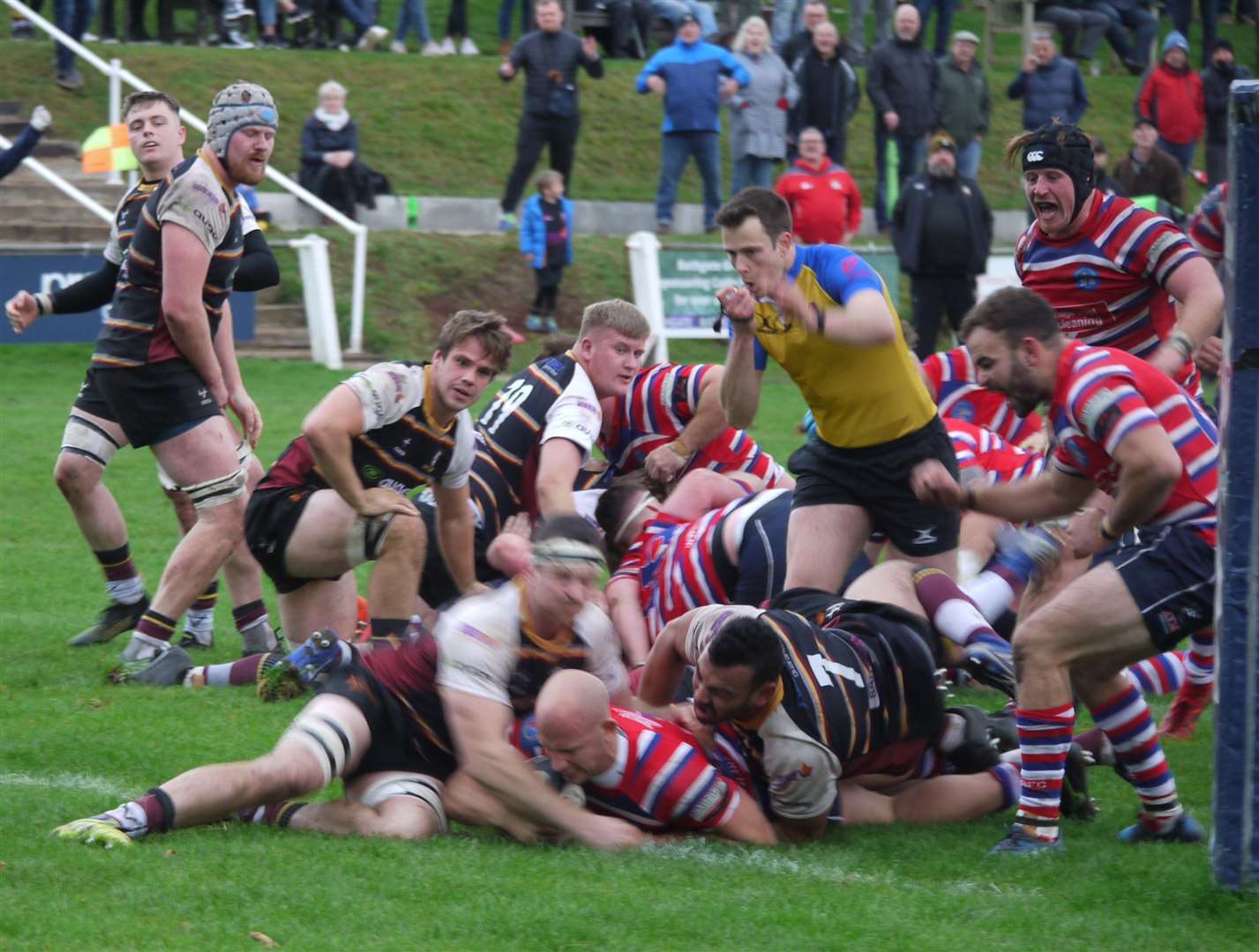 Charlie Edwards goes over for a try in TJ's defeat at Caldy. Picture: Adam Hookway (52594060)