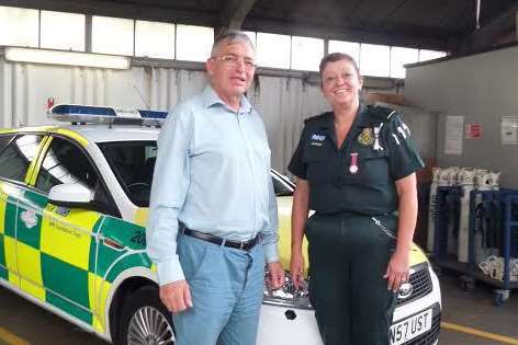 Clifford Earl visited Sittingbourne ambulance station recently to thank paramedic Alison Waterman for saving his life