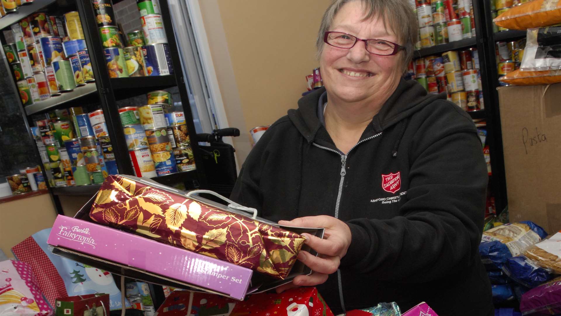 The Salvation Army's Val Barkley with gifts from last year's appeal