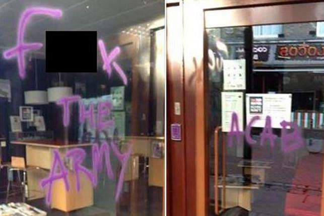 The offensive graffiti on the Army careers office in Canterbury