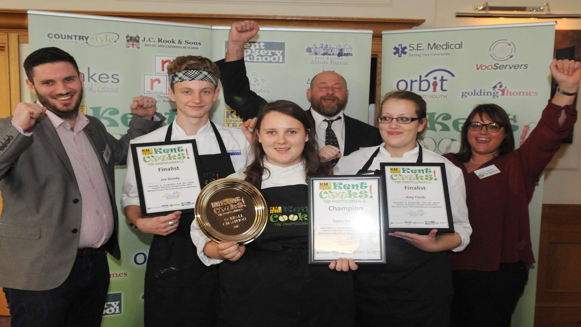 Kent Cooks: The Professionals winner Daisy Houlan with finalists Joe Doody and Amy Fields cheered by judges Will Britton, Andrew Rook and Sharon Spokes.