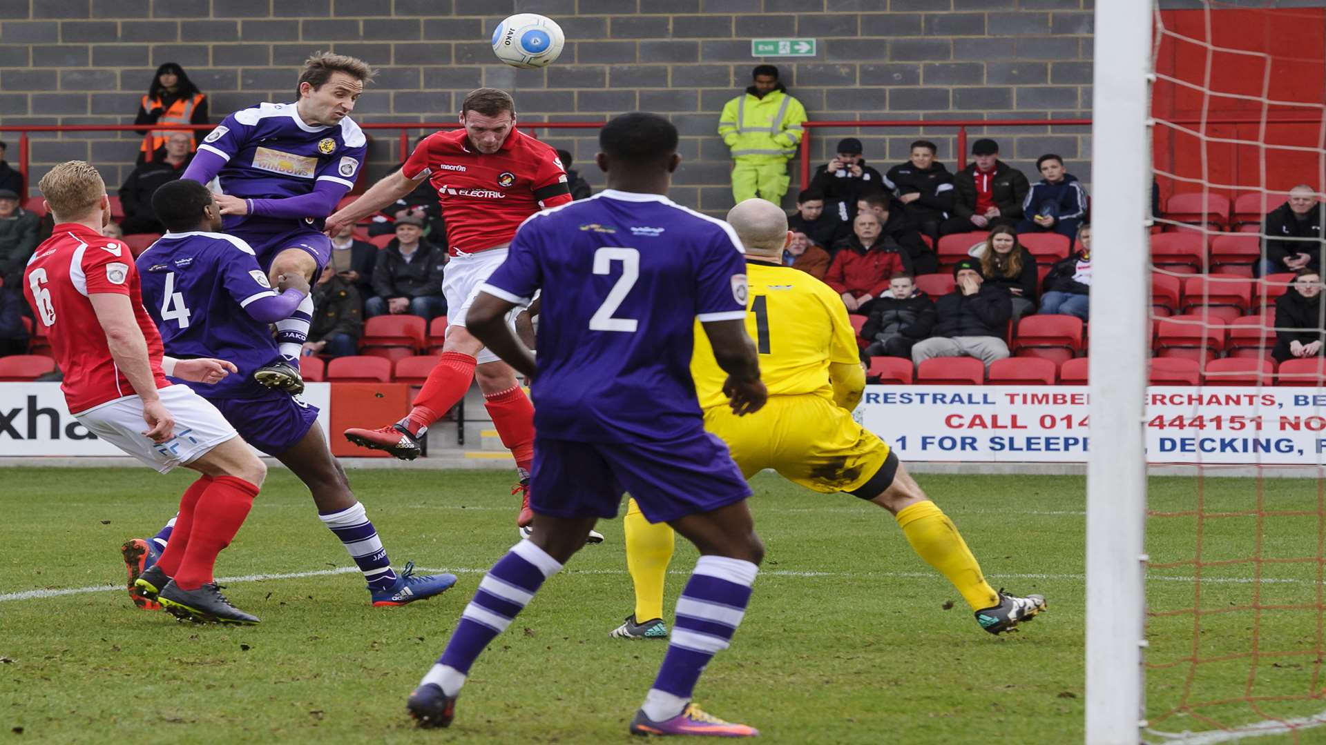 Andy Drury heads home to put Fleet 2-1 ahead. Picture: Andy Payton