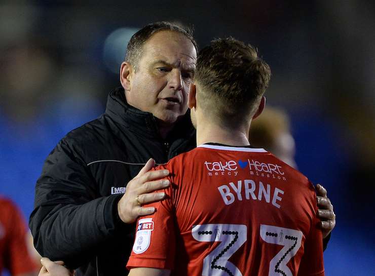 Manager Steve Lovell with Gills' goalscorer Mark Byrne on Tuesday night Picture: Ady Kerry