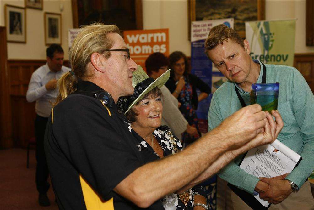Bruce Davis demonstrates a green energy idea to the Deal Mayor Cllr Marlene Burnham and Guy Barritt