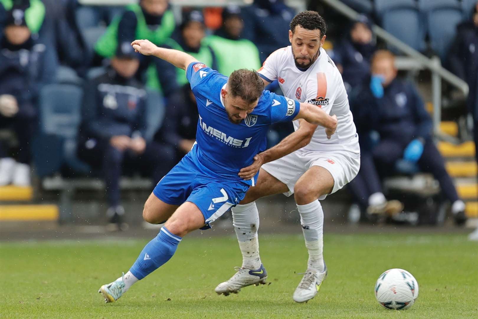 Gillingham's Alex MacDonald and Curtis Weston battle for the ball at Fylde Picture: KPI (60454362)