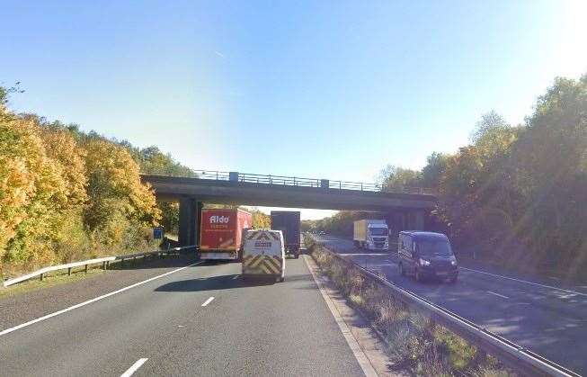 A car was struck by an object thrown from a bridge above the M26 motorway near the junction for Wrotham Heath. Picture: Google