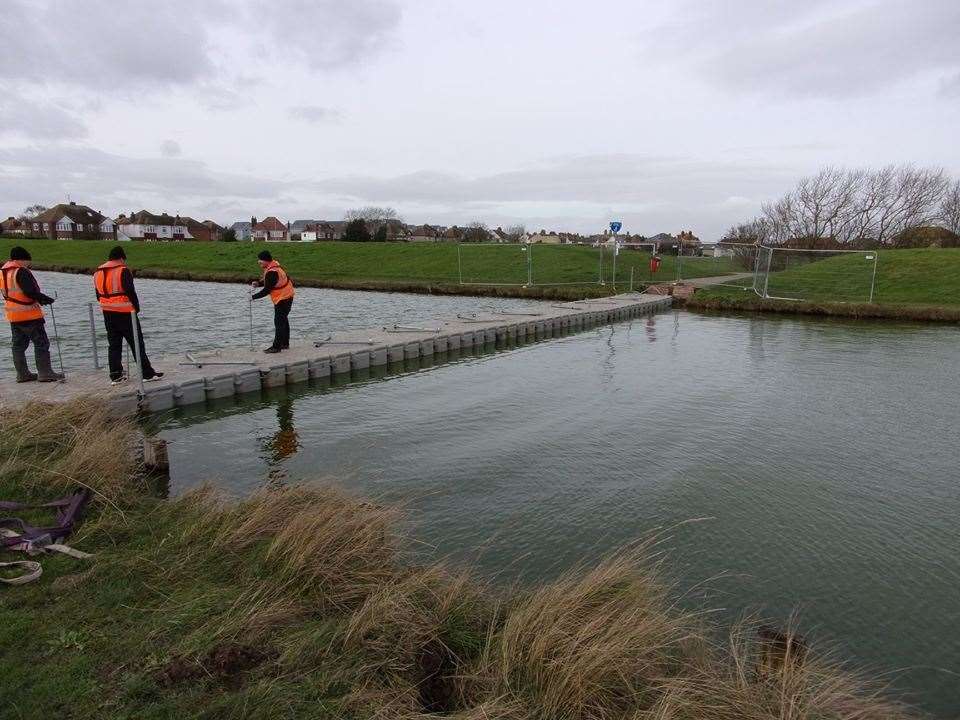 A temporary floating pontoon has been installed at Barton's Point Coastal Park, Sheerness to replace the wooden foot bridge. Picture: Robert Dawson