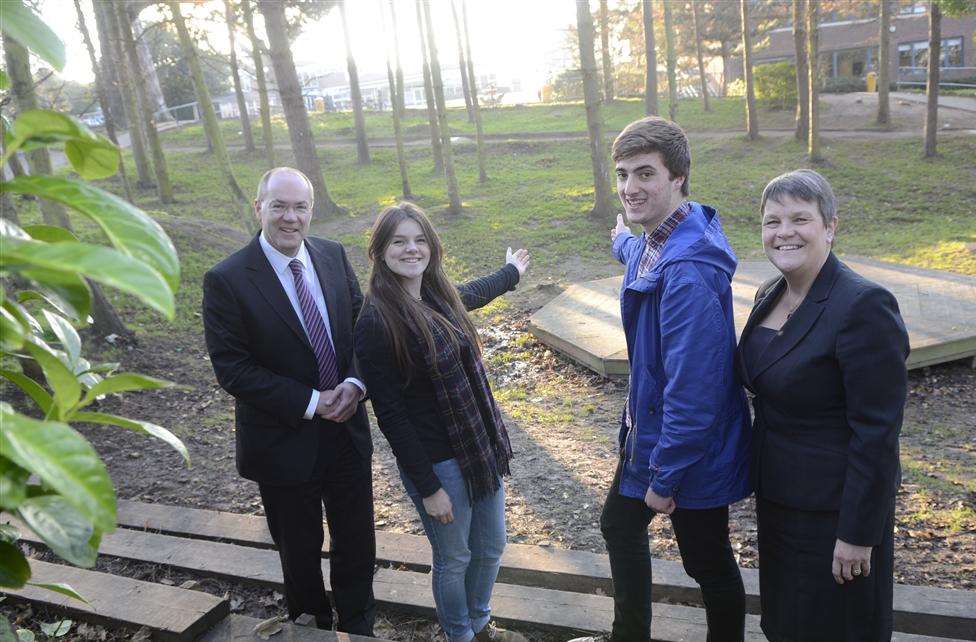 Business manager Mark Seymore, head girl Frankie Price, head boy Philip North and principal Sally Lees at the site of the proposed new sixth form centre at Homewood School, Tenterden