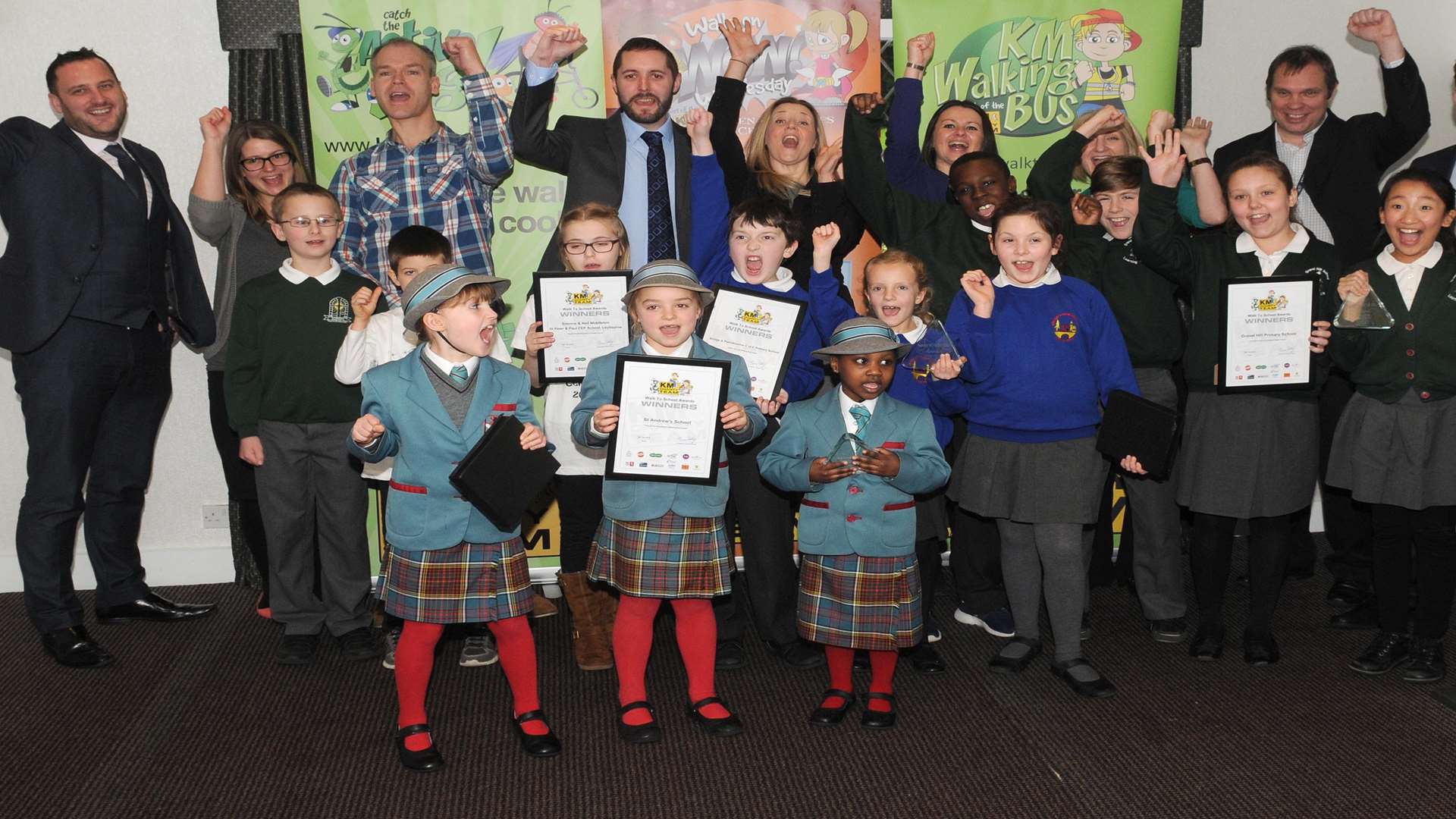 Pupils at Gravel Hill Primary School, Bexley, Bridge and Patrixbourne School, Canterbury, St. Peter and Paul CEP School, Leybourne, and St. Andrew's School, Rochester, celebrate their Overall Winners Awards at the Walk to School Awards 2016 presentation at Rowhill Grange