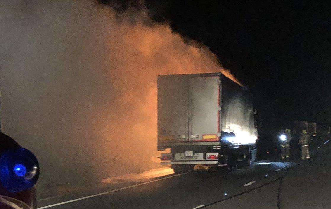The lorry on fire on the A20. Pic: @kentpoliceroads (4330935)