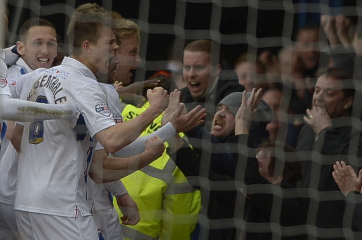 Gills players celebrate Luke Norris' equaliser with the travelling fans Picture: Barry Goodwin