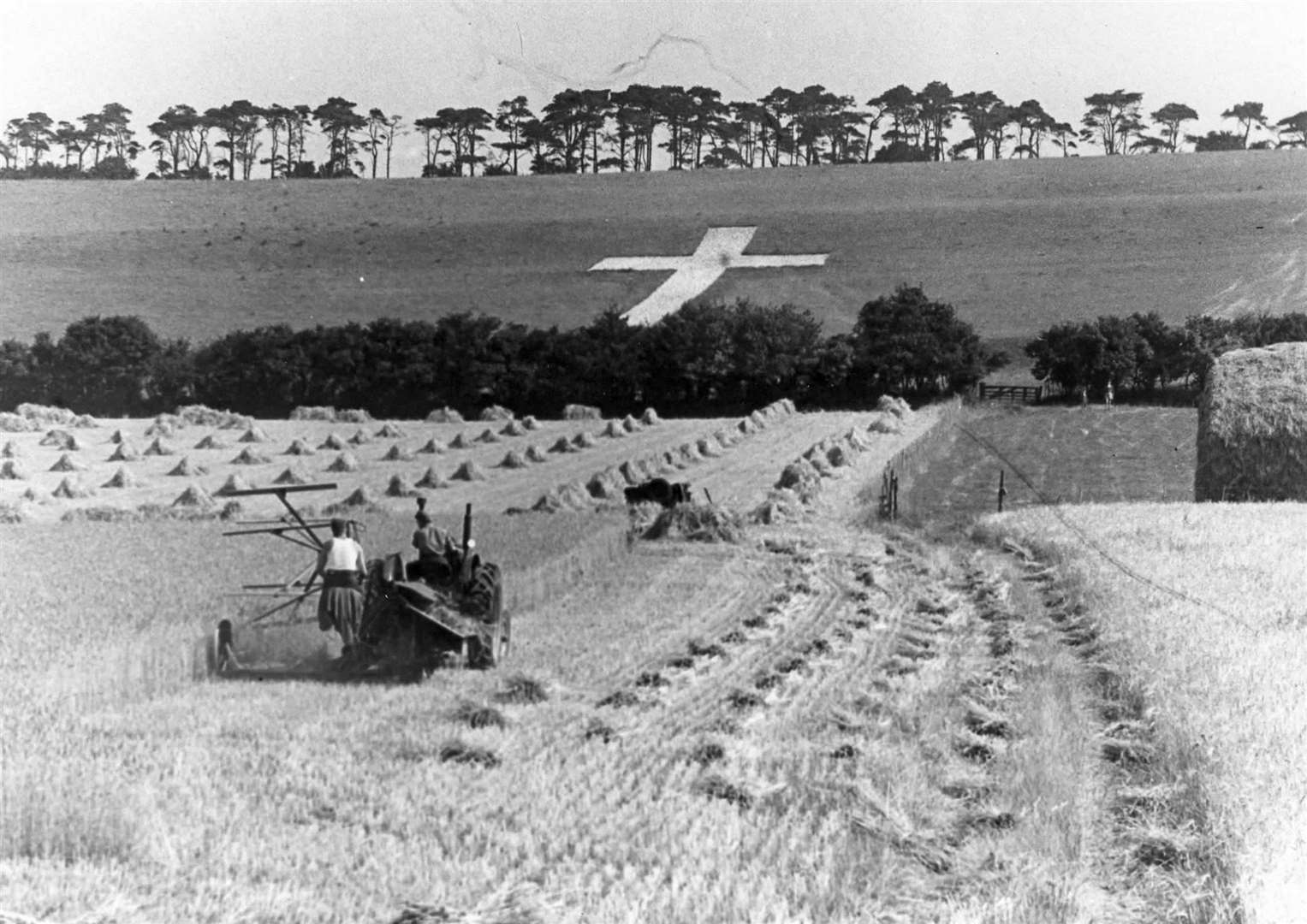 An archive photo looking across the fields to the Lenham Cross