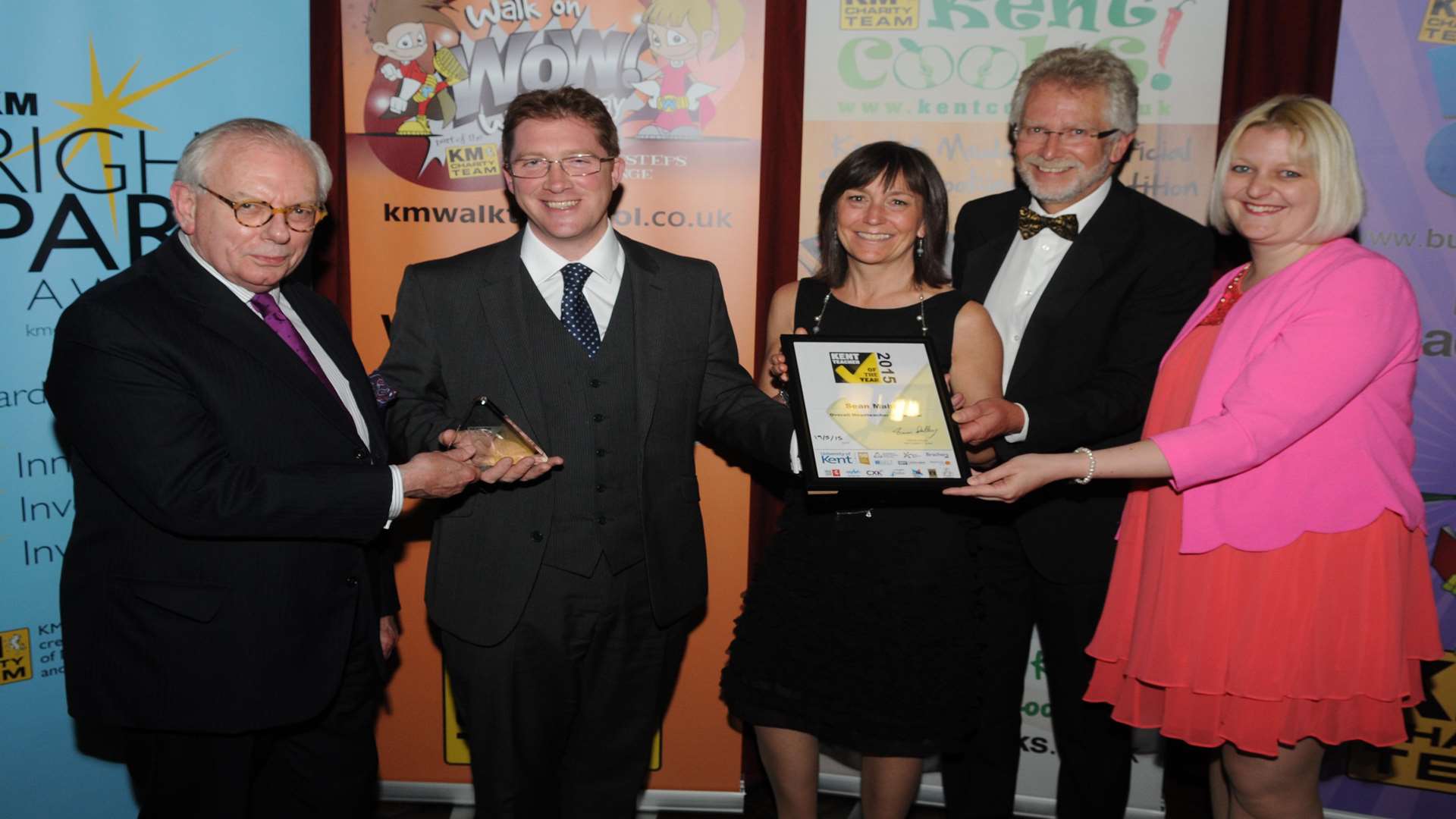 Overall Head Teacher of the Year winner Sean Maher, St John's Catholic Comprehensive, Gravesham, with David Starkey and sponsors Mary Hughes (University of Kent), Simon Lockwood (SELT) and Gemma Wright (Leeds Castle).