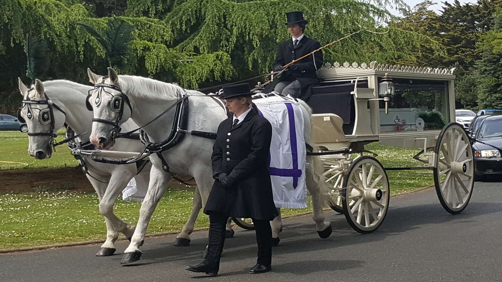 A horse drawn hearse entered into Thanet Crematorium for Natasha Sadler's funeral