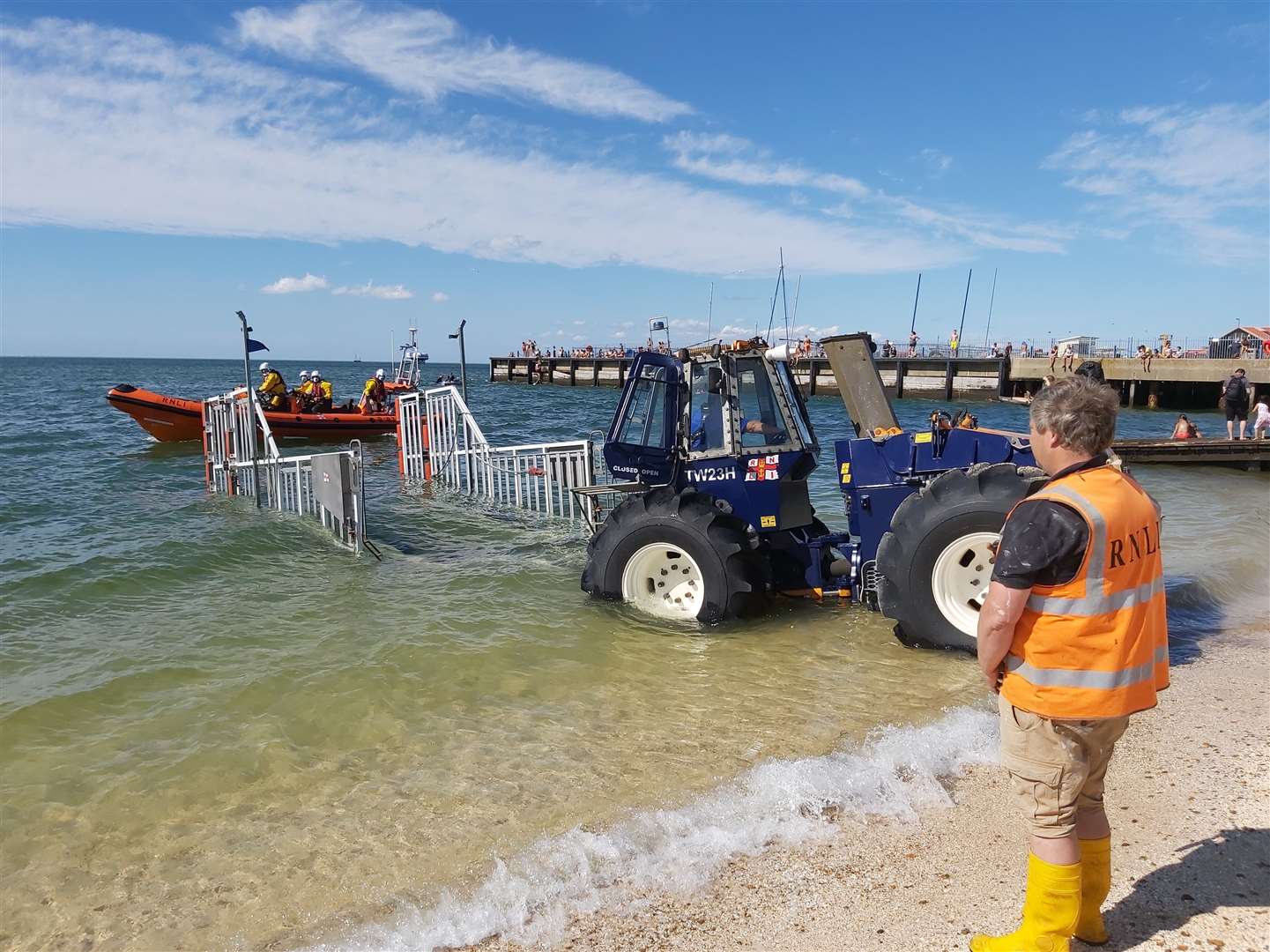 The Whitstable Atlantic 85 lifeboat is recovered after launching to a report of two occupants on a paddleboard in difficulty off Seasalter on Thursday afternoon. Picture: RNLI Whitstable