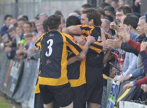 Folkestone celebrate Frankie Chappell's goal with the fans Picture: Gary Browne