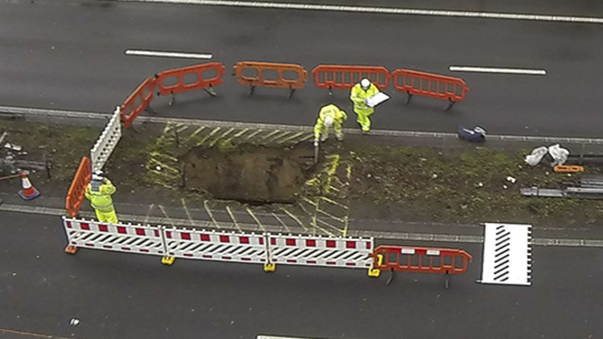This sinkhole caused days of traffic misery after it emerged on the M2 near Faversham. Picture: Simon Burchett