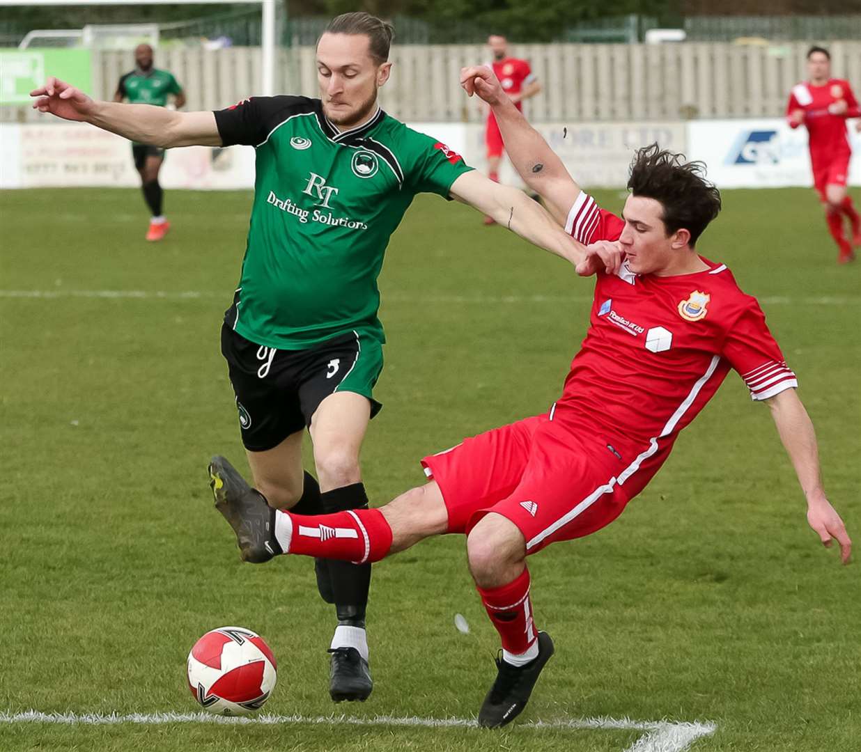 Gus Barnes is held off during Whitstable's 2-1 weekend loss at Phoenix Sports. Picture: Les Biggs