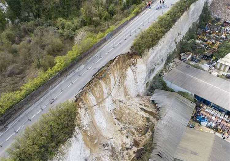 The A226 Galley Hill Road in Swanscombe has been shut since April last year following the major landslip. Photo: High Profile Aerial