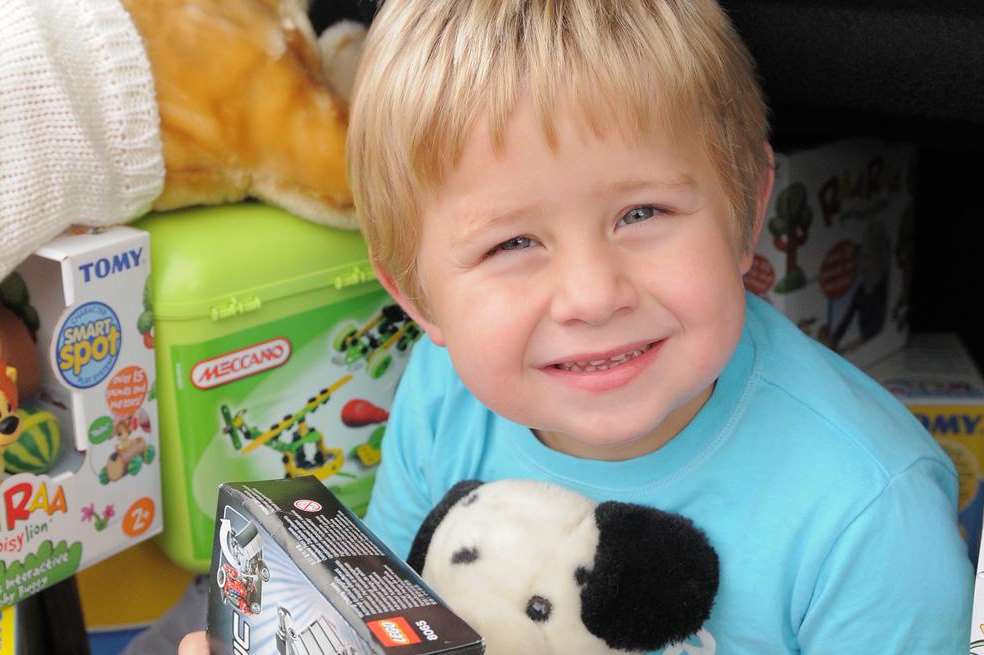 Aaron Lindridge with the toys to give to the Royal Marsden Hospital. Picture: Steve Crispe