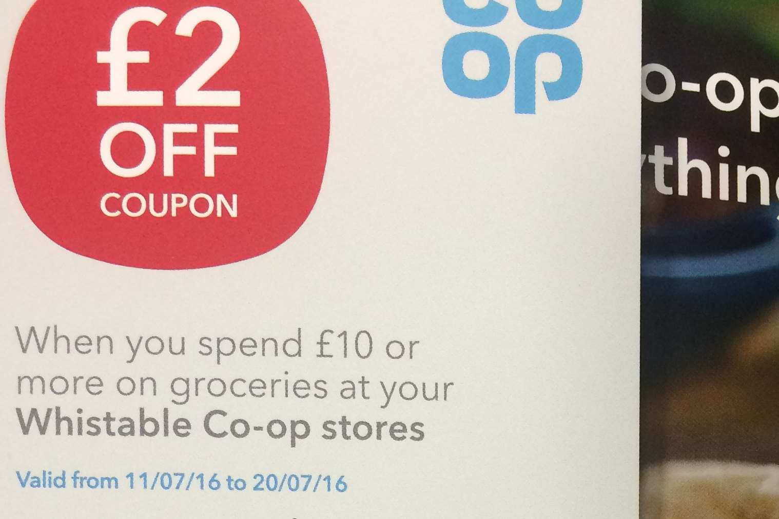 It includes coupons when spending £10 or more on groceries in “Whistable” Co-op stores
