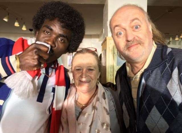 Manager Sandra Hassan with Bill Bailey during filming for Idris Elba's Sky comedy In The Long Run
