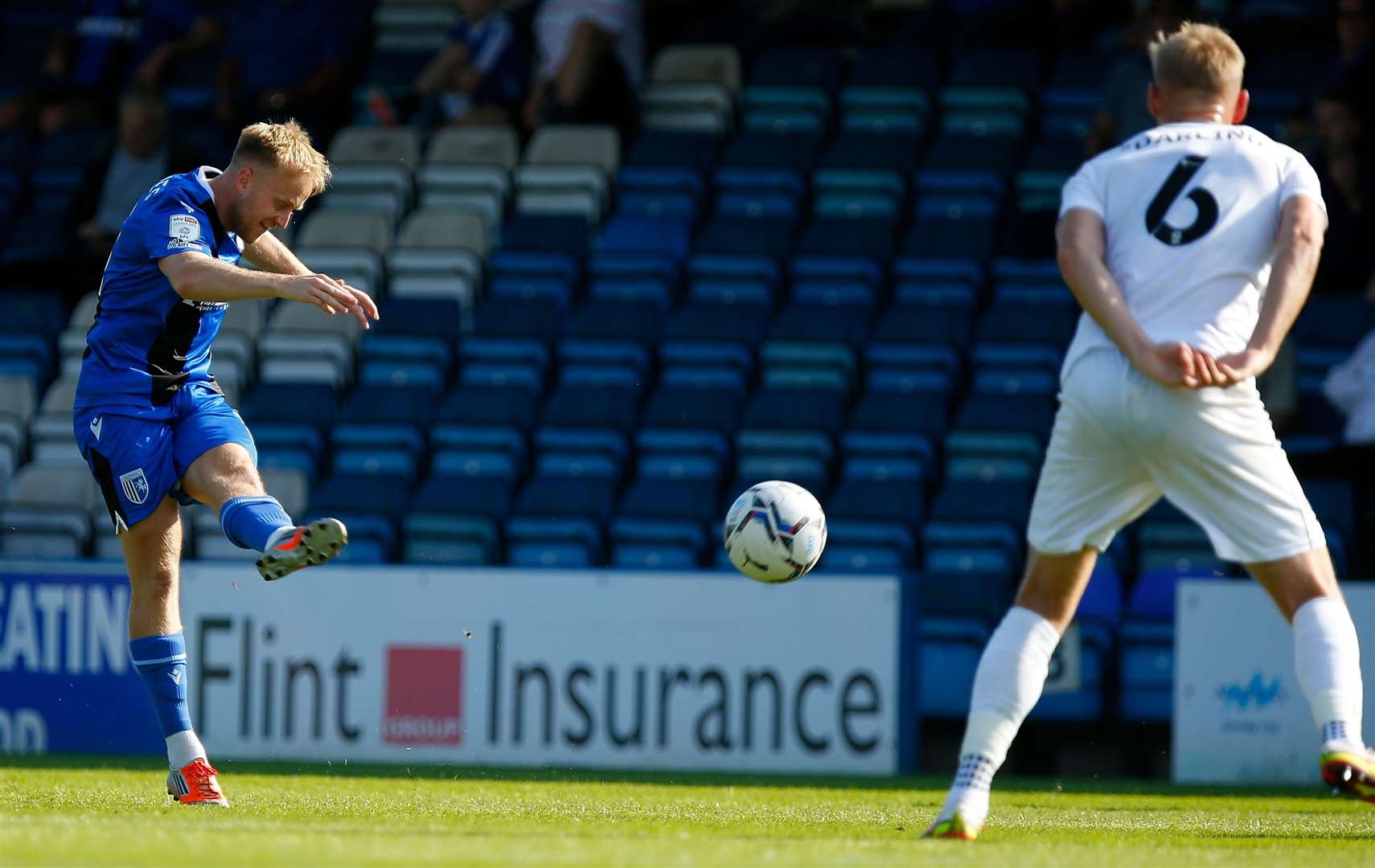 Gillingham midfielder Ben Reeves tries his luck. Picture: Andy Jones (51368785)