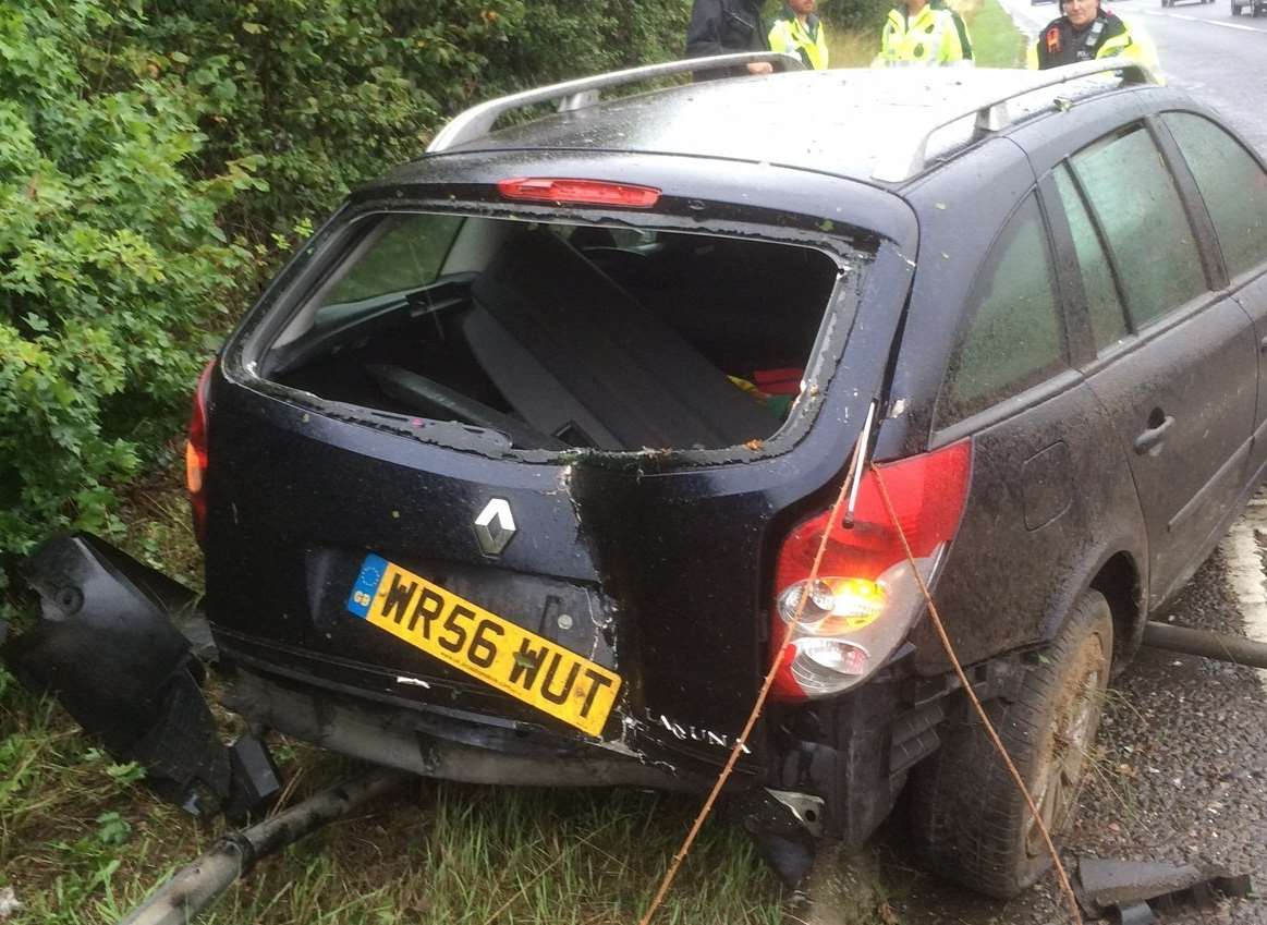 The car careered into a lamppost and mounted the roadside verge
