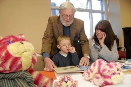 Bagpuss co-creator Peter Firmin and his daughter Charlotte with Hamish Bean, six, at the We Love Bagpuss exhibition