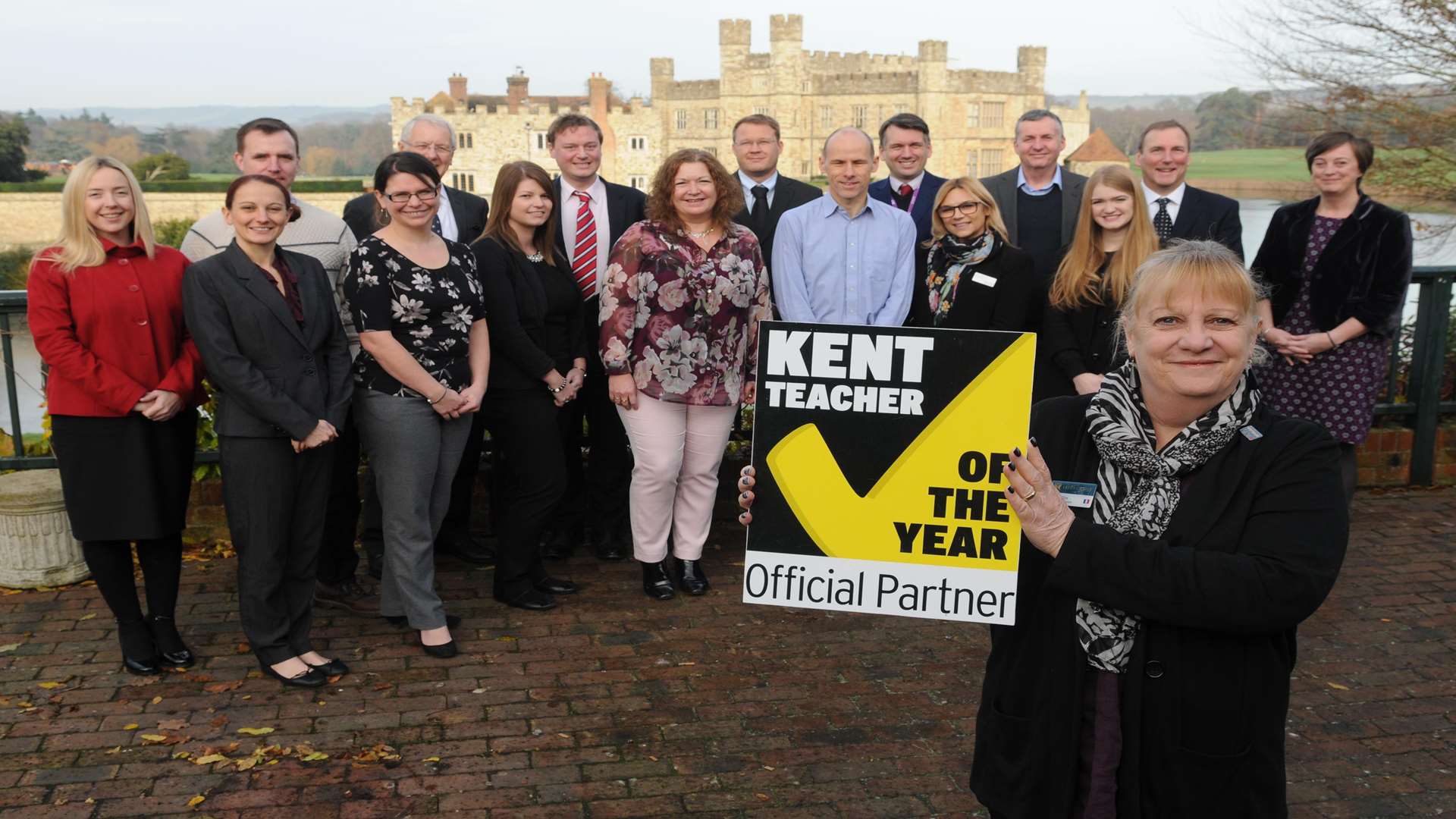 Helen Ellis (front) of Leeds Castle with fellow supporters of the Kent Teacher of the Year Awards: Sally Williamson and Peter Heckel (Project Salus), Amy Woods (3R's), Rebecca Smith (Social Enterprise Kent), Mike O'Brien (Medway Council), Carolyn Dool (Kent Sport), Alex Ffrench and Alyson Howard (William Giles Chartered Accountants, Colin Smith (Brachers Law), Gavin Mountjoy (School of Physical Sciences), Craig Garton (CXK), Catherine Carden (Canterbury Christchurch), Martin Ridout (School of Mathematics, Statistics and Actuarial Sciences), Dr Anthony Baines (School of Biosciences) and Nicola Podd (SELT).