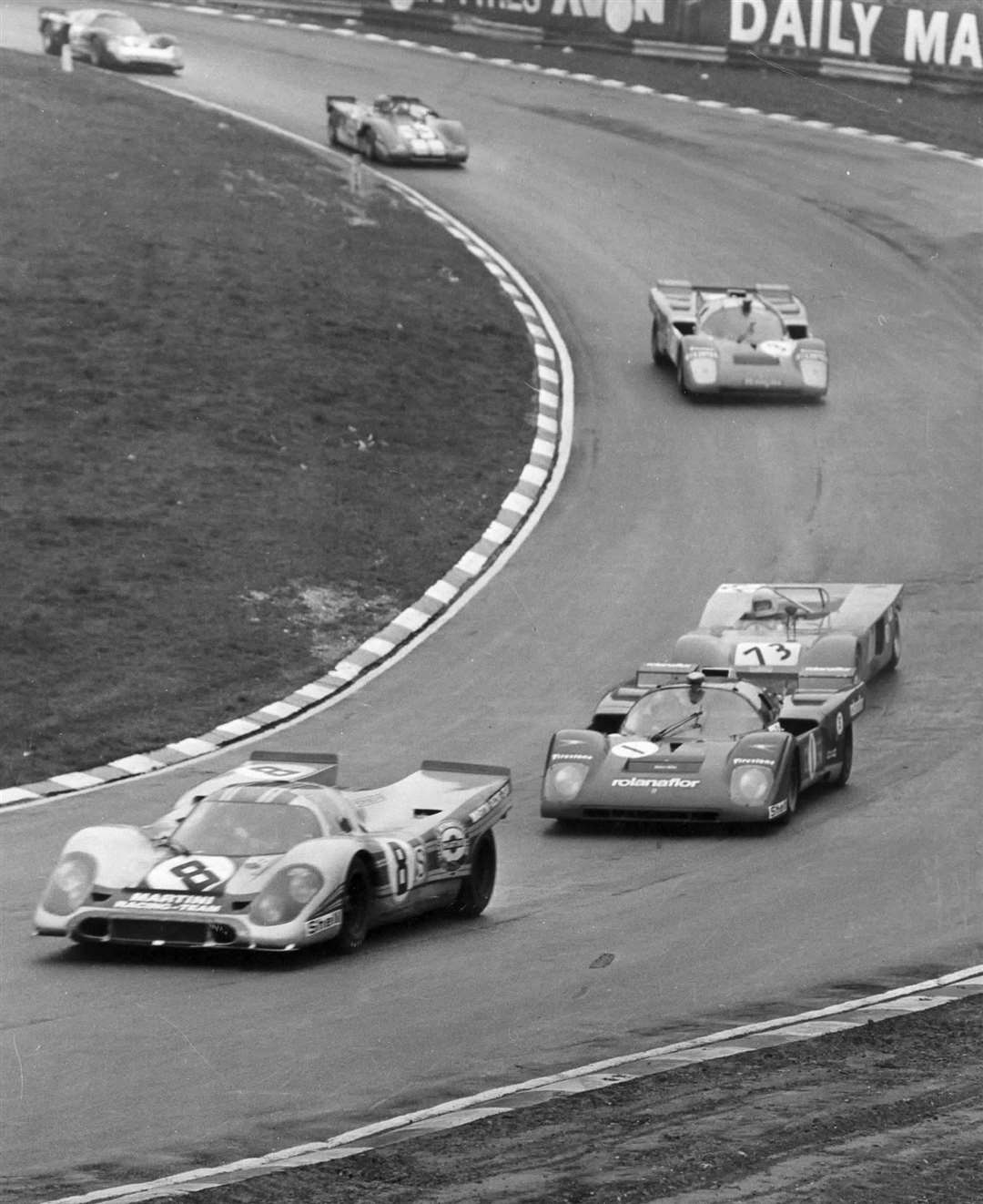 Sportscar action on the fearsome 2.4-mile Brands Hatch Grand Prix circuit in 1971