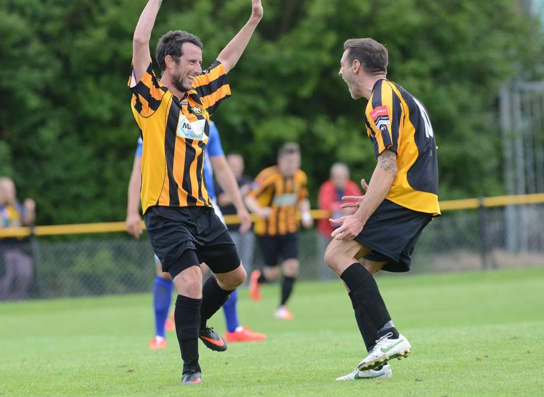 Darren Smith celebrates with Paul Booth after scoring against Tooting & Mitcham Picture: Gary Browne