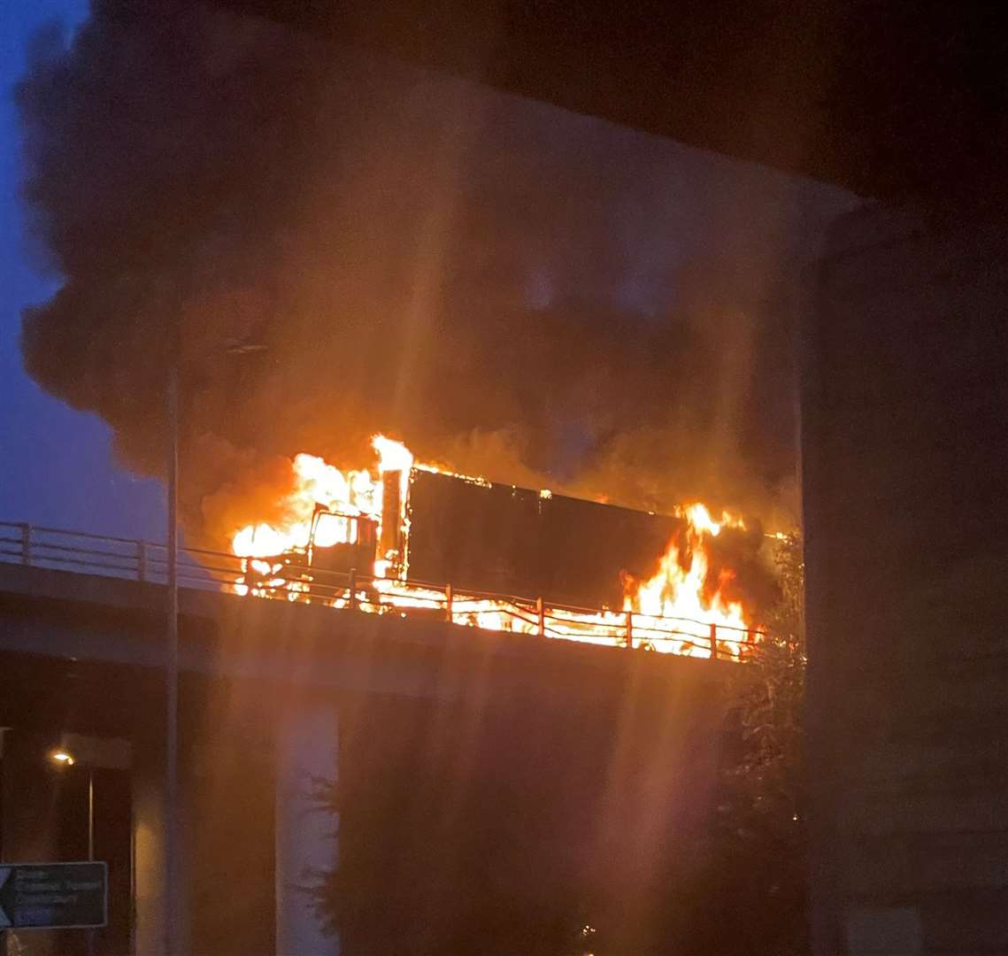 An HGV went up in flames on the London bound carriageway of the M2 near Rochester. Picture: KOSTAMIZE