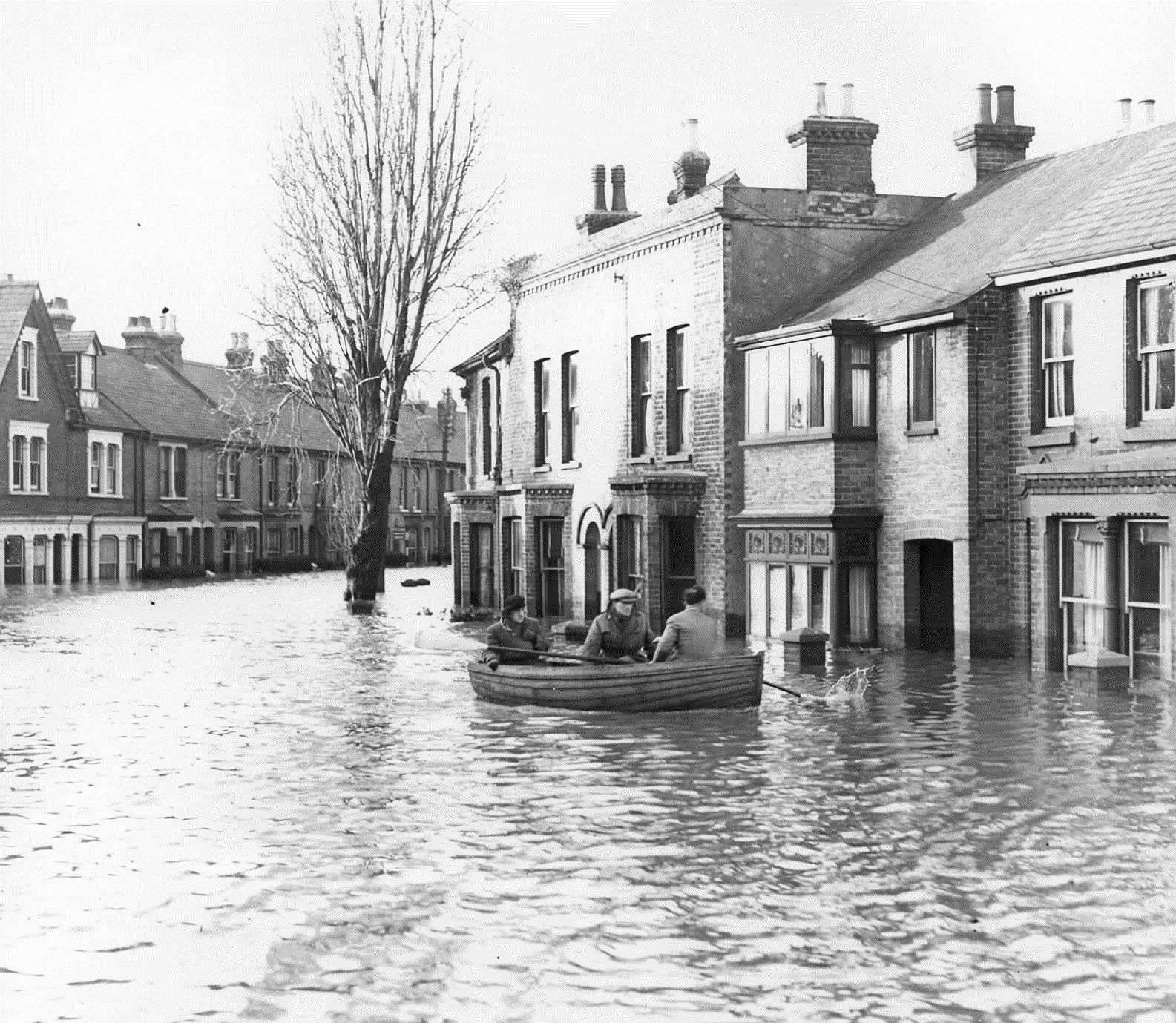 North Sea Flood 1953: A boat rescues residents of Nelson Road, Whitstable