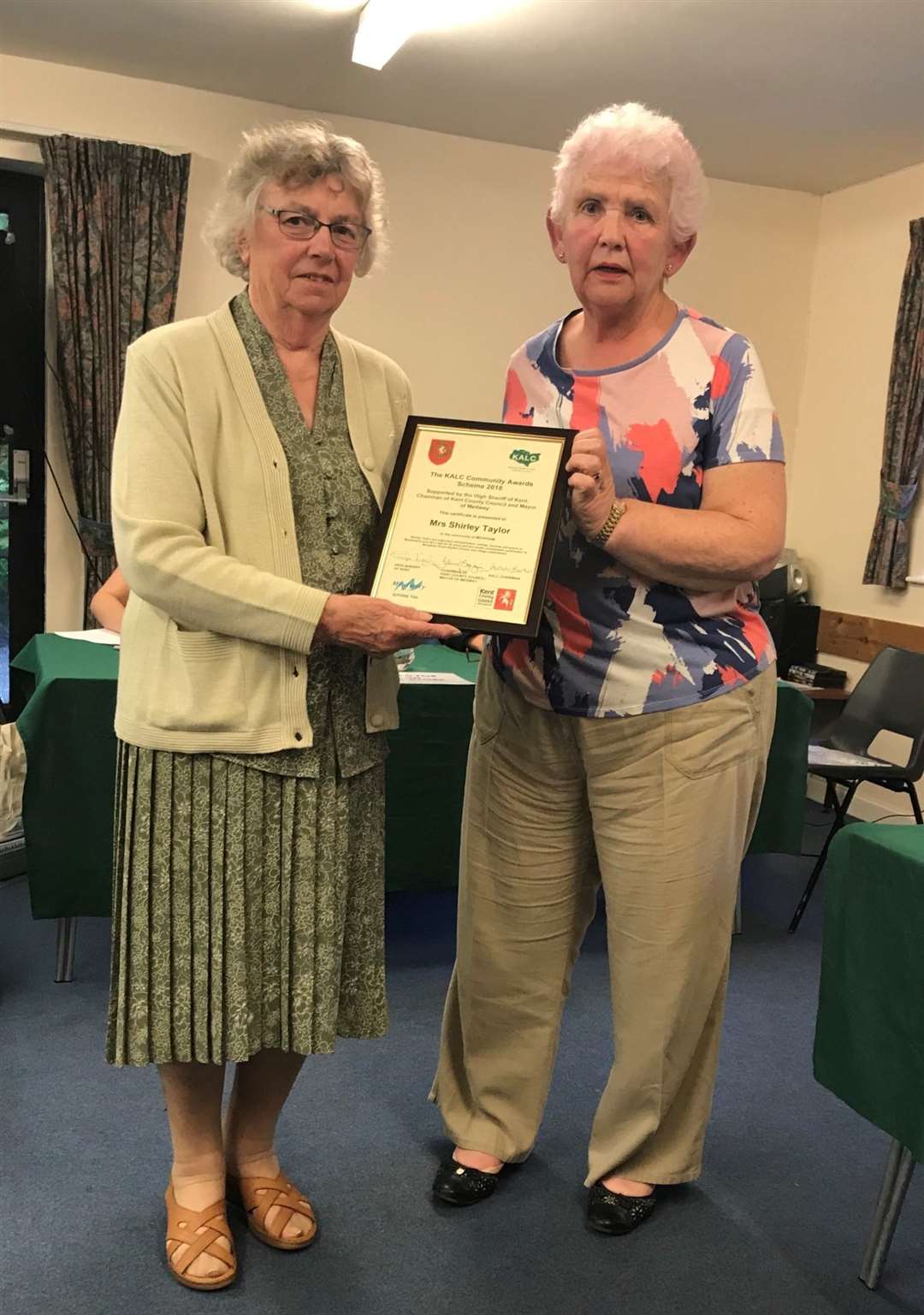 Shirley Taylor , 84, being presented with an award by Chairman of KALC Sarah Barker. (2910488)