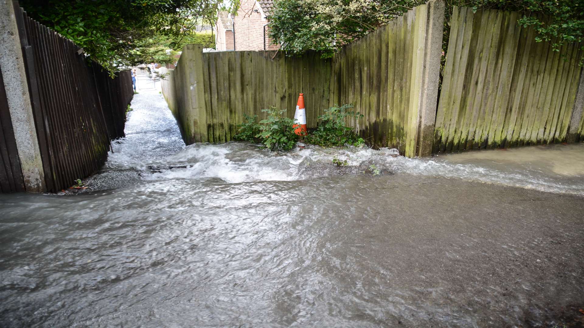 A flooded footpath. Credit: Jackie Andrews and Patrick Fowler in Downs Road