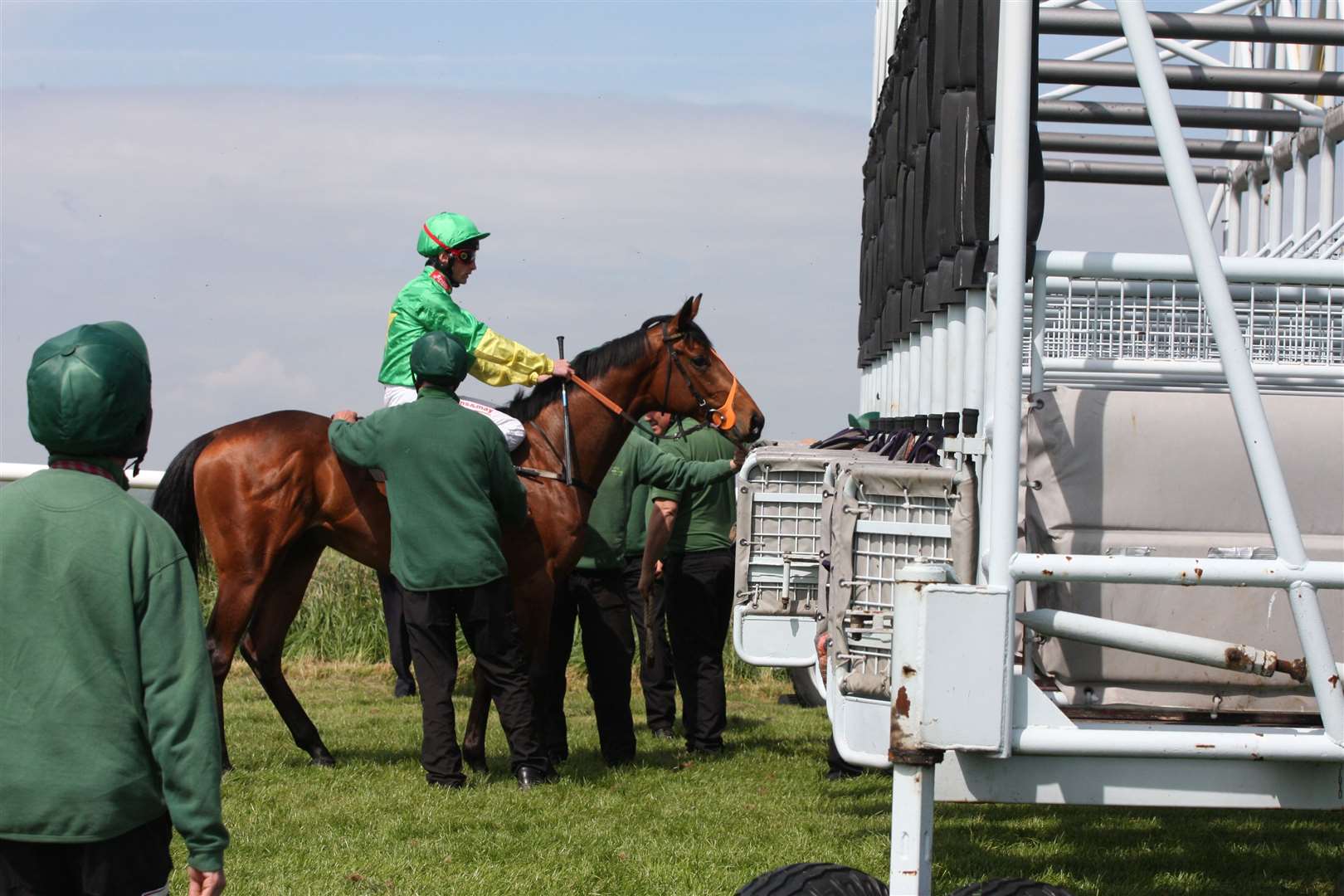 The charmingly-named Pullyourfingerout, a two-year-old bay colt, being encouraged into the stalls at Folkestone Racecourse in 2009. Picture: Chris Denham