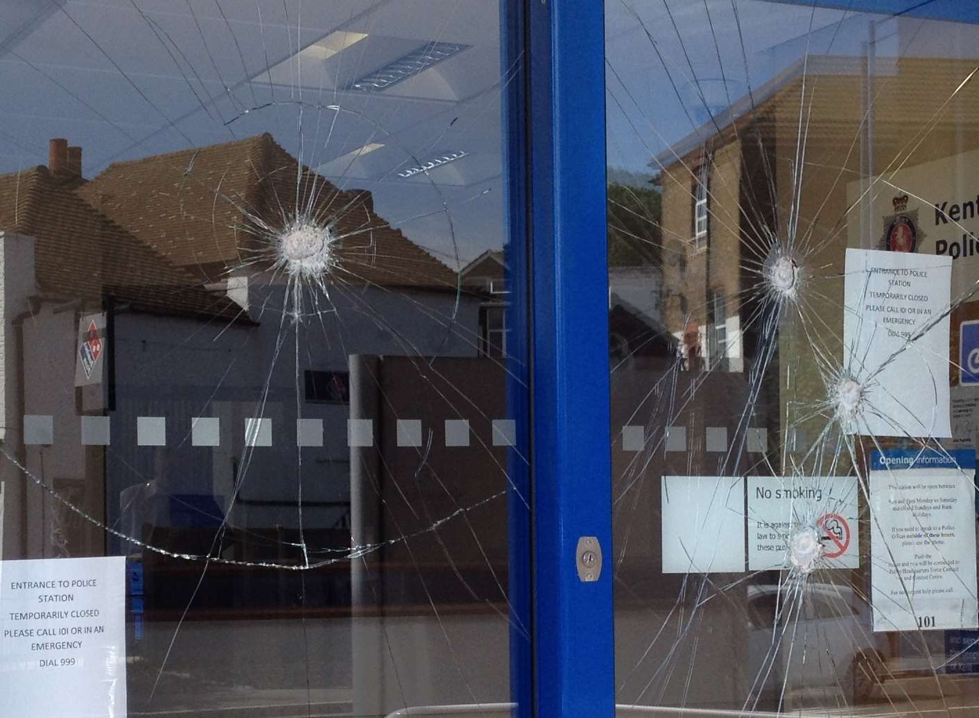 The damage to the glass at Sheerness police station