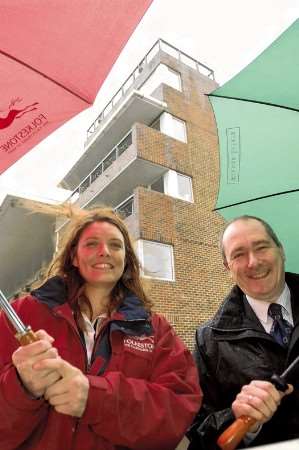 Emma Santer of Folkestone Racecourse shows Paul Stone of Bouverie Place shopping centre the zip wire location.