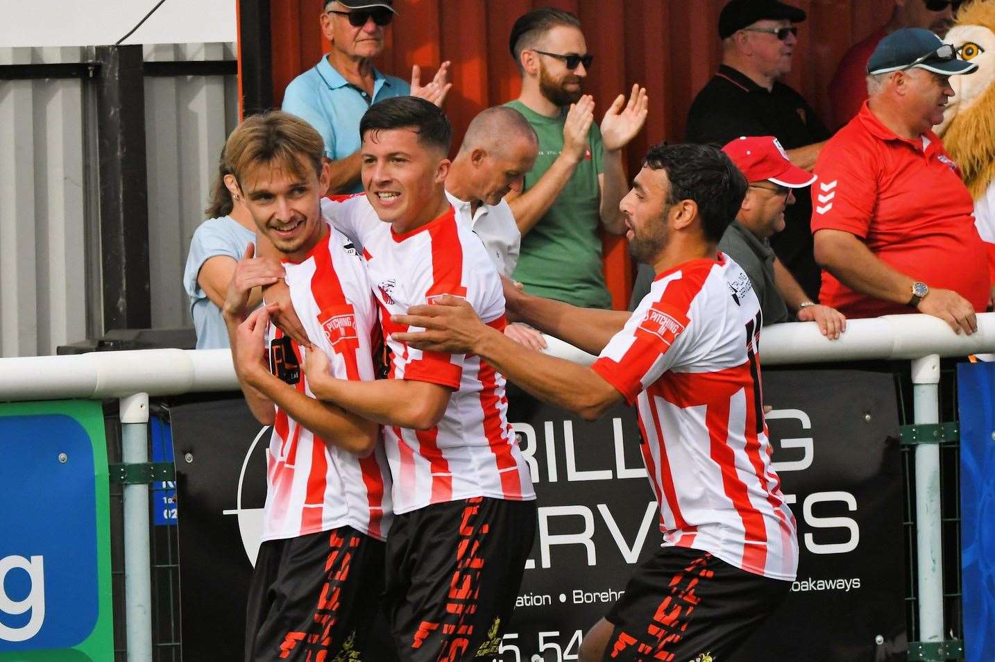 Sheppey trio Jacob Lambert, Frankie Morgan and James Bessey-Saldanha celebrate their opener during Saturday’s FA Cup win over Burgess Hill. Picture: Marc Richards