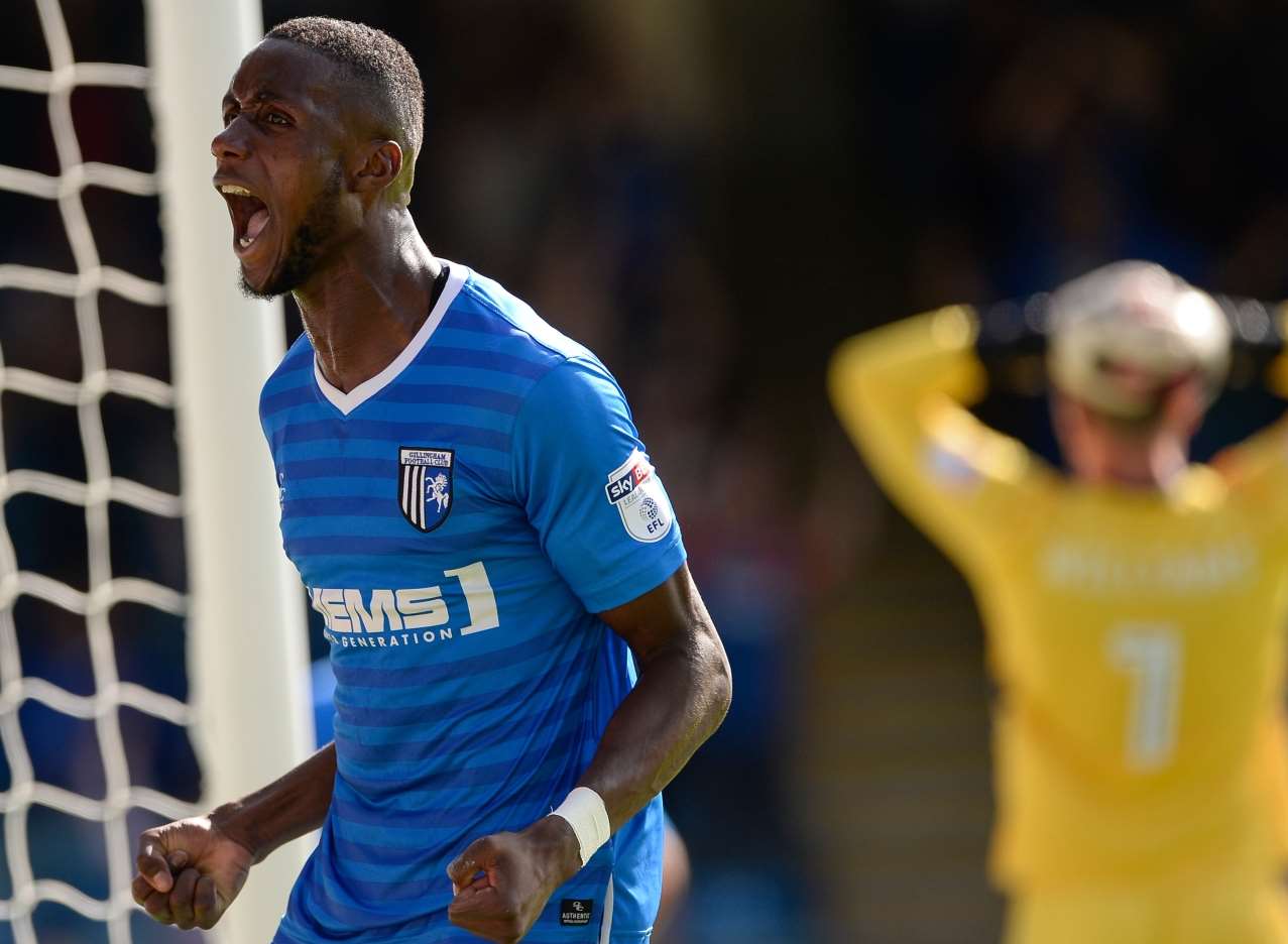 Emmanuel Osadebe celebrates the second Gills goal. Picture: Ady Kerry