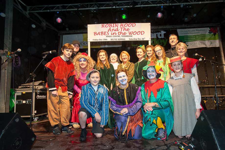 The Mayor, Cllr Sasha Luck, with members of the cast from the Angel Centrepantomime “Robin and Babes in the Wood”