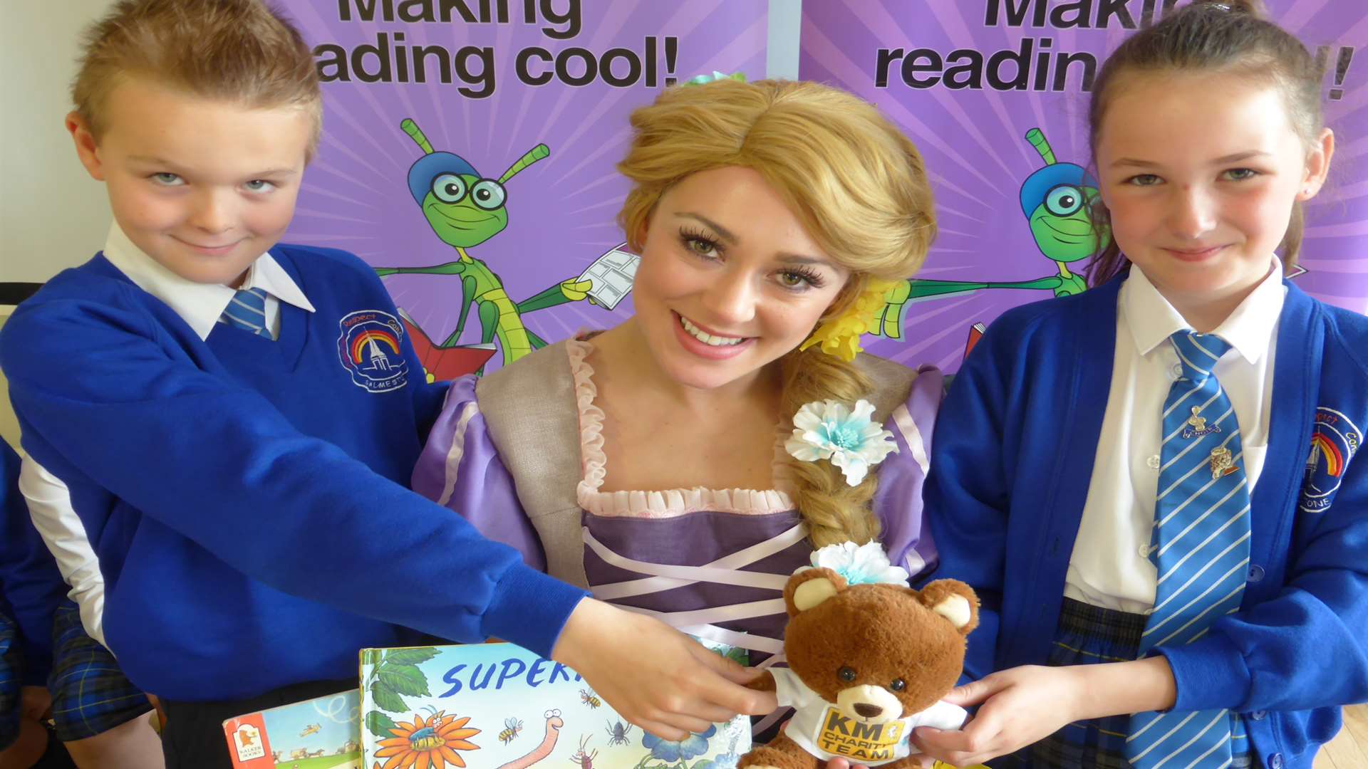 Rapunzel of Princess World UK with Leon Hudson and Tisha Reynolds of Owl Class at Salmestone Primary School, Margate during their very special story time session.