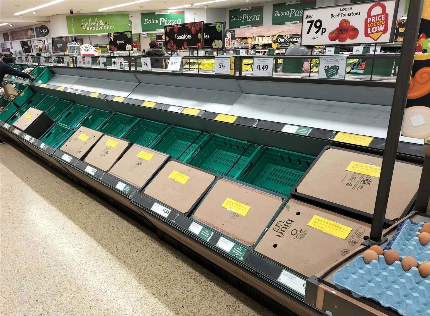 Empty shelves where the tomatoes are normally found in Morrisons