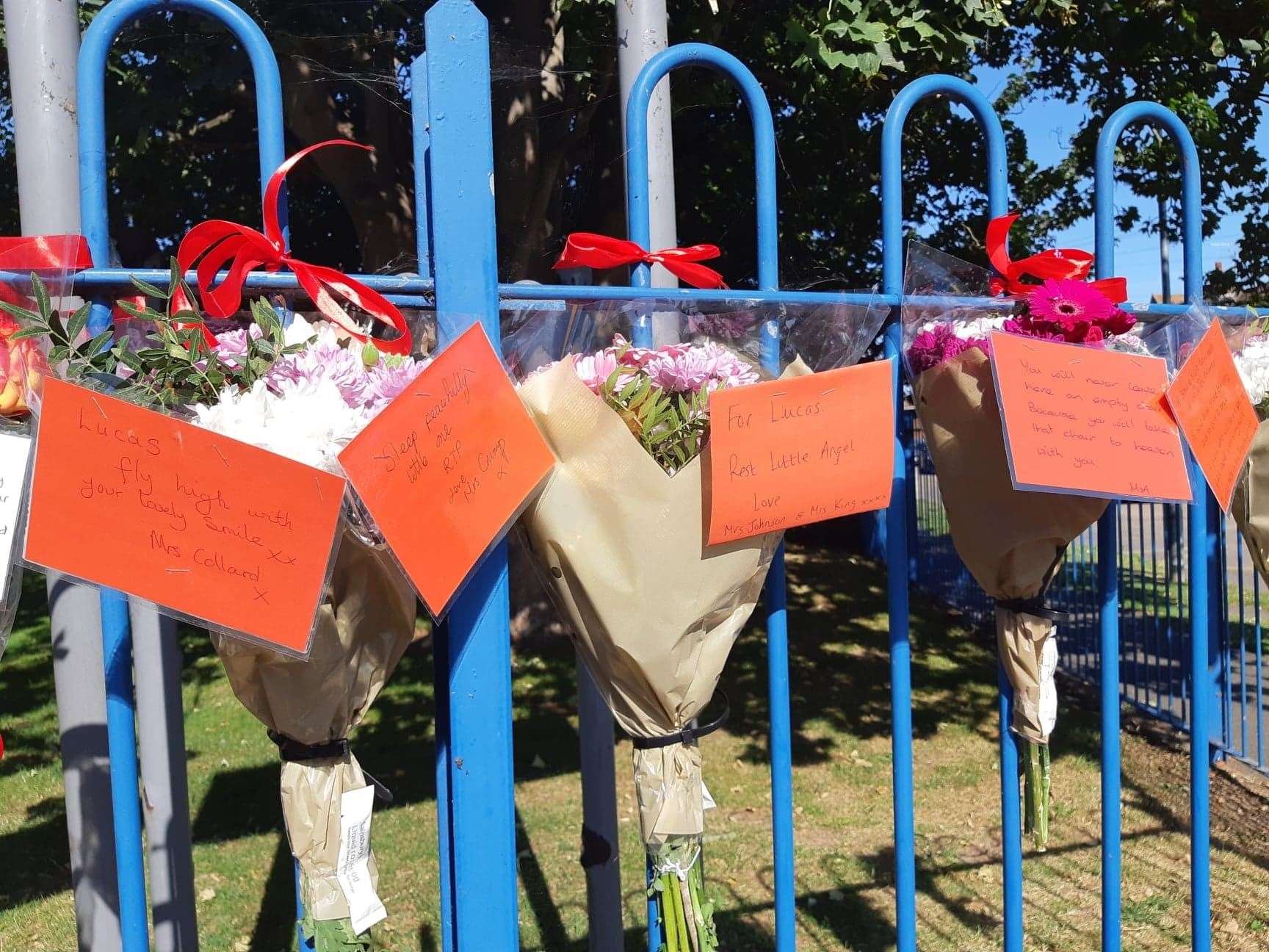 Staff at Warden House Primary in Deal leave messages to Lucas at the school's entrance