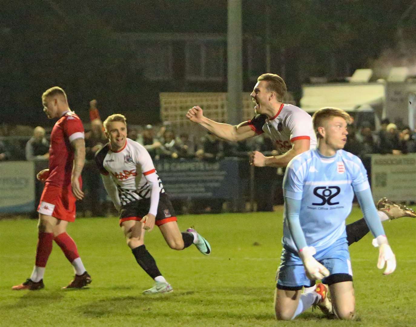 Aaron Millbank opens the scoring for Deal in last Tuesday’s 2-2 home draw with promotion rivals Faversham. Picture: Paul Willmott