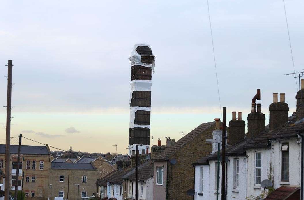 Residents say the mill chimney in South Darenth has become a danger and an eyesore. Photo by Donna Holpin.