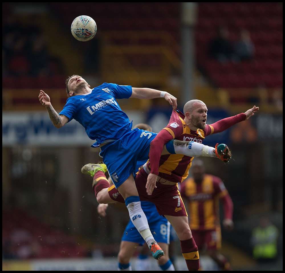 Mark Byrne goes for the ball at Bradford Picture: Ady Kerry